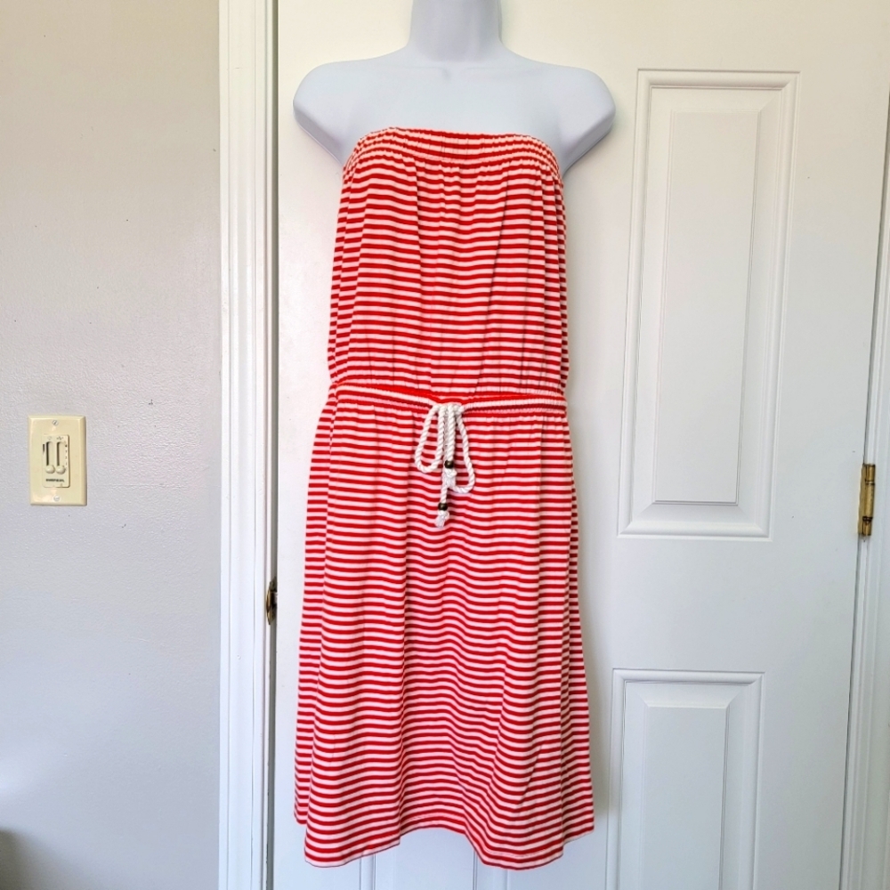 GAP Red White Striped Strapless Sundress Nautical Rope Drawstring  Size S